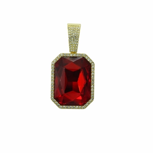Iced out cuban link necklace with large rectangular red gemstone pendant in gold plating