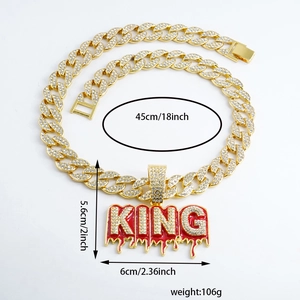 Collana hip hop da uomo con pendente KING rosso ghiacciato e catena cubana dorata