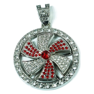 Colgante de molino giratorio de plata con cristales rojos y blancos y pavé de alto brillo