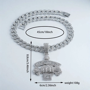 Hip hop silver Cuban chain with Get Money iced out pendant and 18-inch length specs