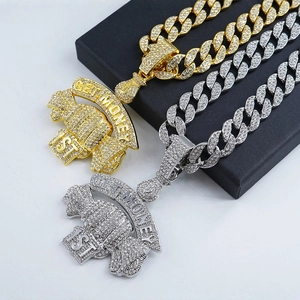 Hip-hop iced out GET MONEY 1ST fist pendant with Cuban link chain in gold and silver