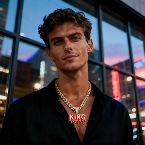 Collana hip hop uomo catena cubana oro con ciondolo KING ghiacciato e goccia rossa