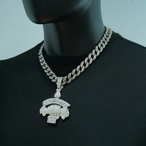 Hip hop silver Cuban necklace with iced out GET MONEY 1ST pendant on a black male mannequin