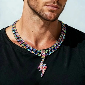 Hip Hop Regenbogen Strass Blitz Anhänger Halskette Legierung Mehrfarbig Kristall Panzerkette Streetwear Schmuck Für Damen Herren