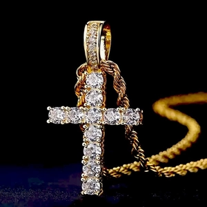 Luxury gold iced out zircon cross pendant necklace with twist rope chain for men and women