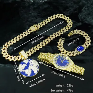 Golden hip hop jewelry set with blue earth pendant, crystal watch and cuban bracelet