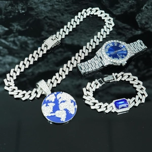 Silver iced-out hip hop set with blue earth pendant, watch, and Cuban link chains