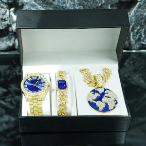 Luxury hip-hop set with gold blue dial watch, cuban bracelet and earth pendant