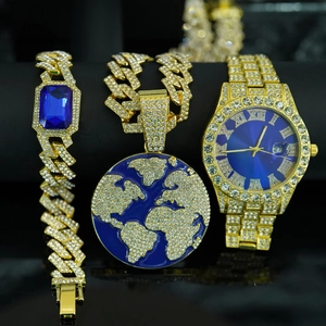 Iced out gold hip hop jewelry set with blue earth pendant, watch and cuban bracelet
