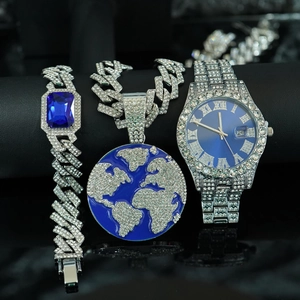 Luxury Hip Hop Alloy Iced Out Rhinestone Watch Earth Pendant Necklace Cuban Link Bracelet Blue Zirconia Men Women Jewelry