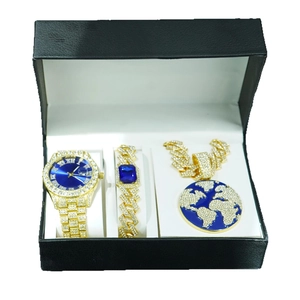 Gold-plated hip hop set with blue globe pendant necklace, watch, and cuban bracelet