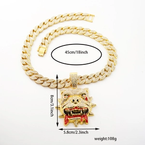 Detail showing dimensions of the gold bulldog pendant with clear stones on a Cuban chain