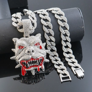 Hip hop bulldog pendant necklace with Cuban chain and iced out white rhinestones