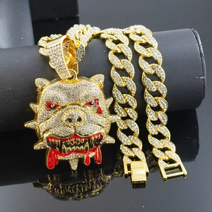 Hip-hop bulldog pendant necklace with iced-out cuban chain and red enamel accents