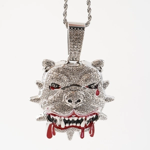Hip hop silver bulldog head pendant with white crystals and red enamel on twist chain