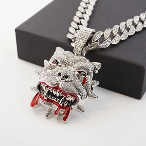 Close-up of hip hop bulldog pendant with sparkling rhinestones on a thick Cuban chain