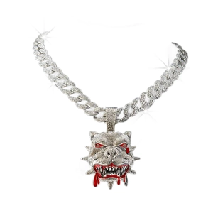 Hip hop iced out bulldog pendant necklace with Cuban chain and red blood detailing
