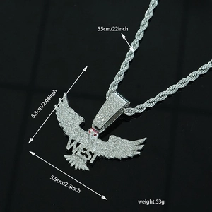 Iced Out Adler Anhänger mit WEST Schriftzug, roten Augen und 5mm Seilkette für Herren