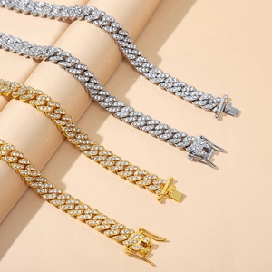 Iced out 9mm hip hop Cuban link chain necklace in gold and silver plating with rhinestones