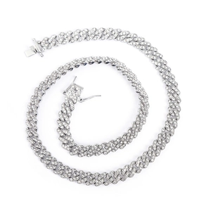 Close-up of 9mm silver Cuban link chain with paved rhinestones and secure box clasp
