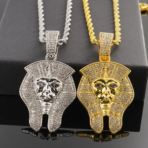 Pendentif Pharaon égyptien Hip hop avec cristaux blancs et chaîne de 5mm en or et argent