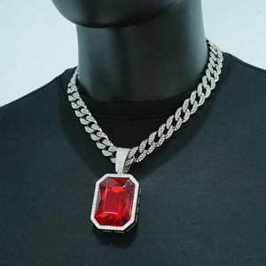 Hip hop iced out silver Cuban link chain necklace with large rectangular red gem pendant