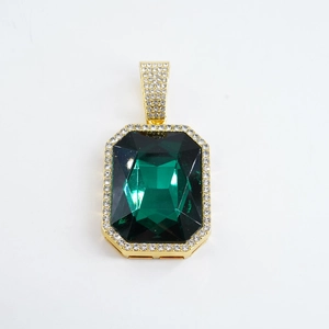 Hip hop style gold square green gemstone pendant necklace with white zircon accents