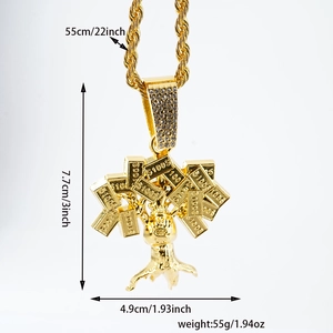 Hip hop gold money tree pendant necklace with dollar leaves and 5mm twist chain