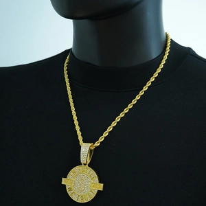 Iced Out Dollarzeichen Runder Anhänger Halskette Zinklegierung Strass Hustle Typografie Hip Hop Schmuck Für Herren Damen Alltag