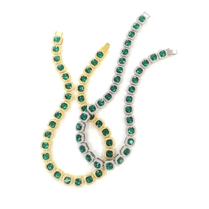 Hip hop green emerald cut rhinestone tennis necklace in gold and silver plating