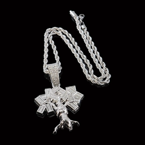 Hip hop silver money tree pendant with 5mm twist chain and sparkling rhinestones