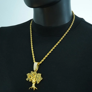 Hip hop money tree pendant necklace with $100 detail and gold rope chain for men
