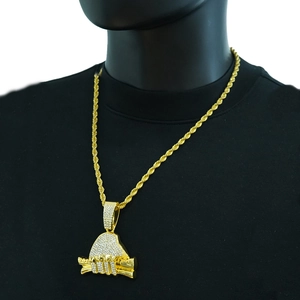 Collier Pendentif Hip Hop Iced Out Main Tenant un Rouleau d'Argent Alliage de Zinc Strass Chaîne Corde Bijoux Homme Femme