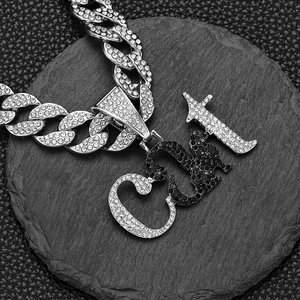 Hip hop silver Cuban chain necklace with iced out black and white CAT letter pendant