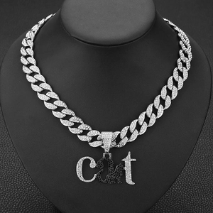 Hip hop silver Cuban chain necklace with iced out CAT pendant and black cat silhouette
