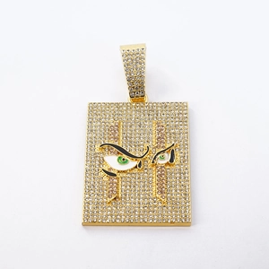 Colgante cuadrado hip hop con diseño de ojo y cadena de cuerda de 5mm en oro brillo