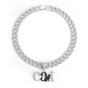 Hip-hop silver Cuban chain necklace with iced-out CAT letter pendant and black diamond cat