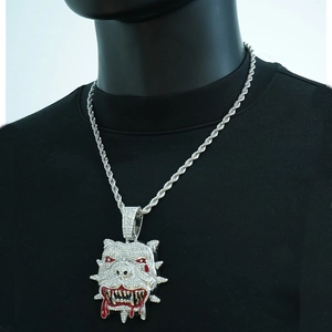 Hip hop bulldog pendant with white zircon micro-pave and red oil detail on twist chain