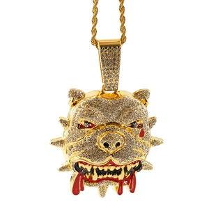 Hip hop bulldog pendant necklace with sparkling rhinestones and a gold rope chain