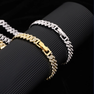 Pulsera de eslabones cubanos de 10mm con diamantes de imitación en oro y plata