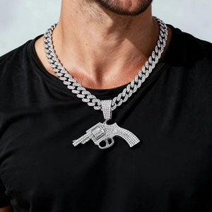 Collar con Colgante de Pistola Revólver Iced Out Hip Hop Cadena de Aleación de Zinc con Strass para Hombre Mujer Joyería Moda Urbana