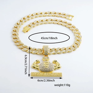 Iced out gold dollar sign and money power muscle pendant with 18 inch cuban chain