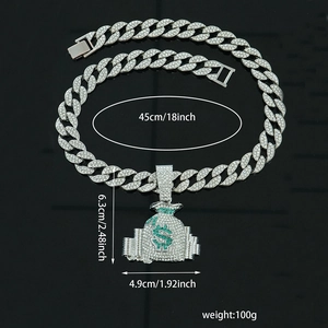 Iced out silver money bag pendant with green dollar sign on 18 inch Cuban link chain