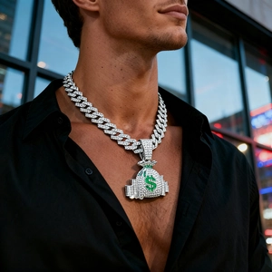 Hip Hop Rhinestone Money Bag Pendant Necklace Alloy Iced Out Dollar Sign Cuban Link Chain For Men Women Street Fashion Jewelry