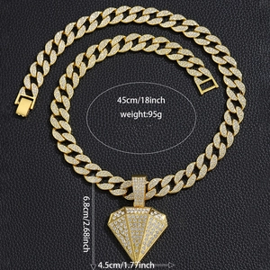 Χρυσή αλυσίδα Cuban link με μενταγιόν σε σχήμα διαμαντιού για ανδρικό στυλ χιπ χοπ