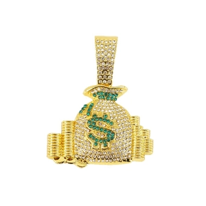 Iced out dollar sign money bag pendant necklace in gold finish with Cuban chain