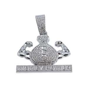 Hip hop silver dollar sign money bag pendant with stones and Money Power engraving