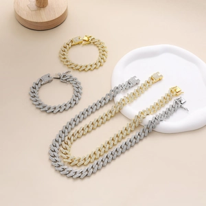 Ensemble collier et bracelet cubain hip hop 15mm serti de diamants en finitions or et argent