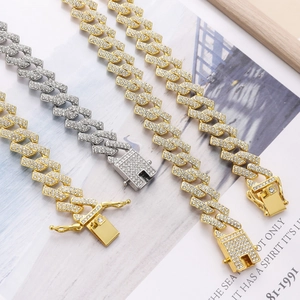 Bracelet chaîne Cuban Link 15MM avec diamants en or et argent pour le style hip-hop