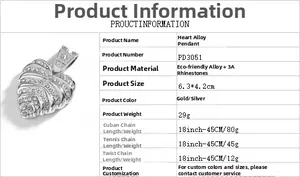 Scheda tecnica del ciondolo a cuore con dimensioni 6,3x4,2cm e dettagli sul materiale lega